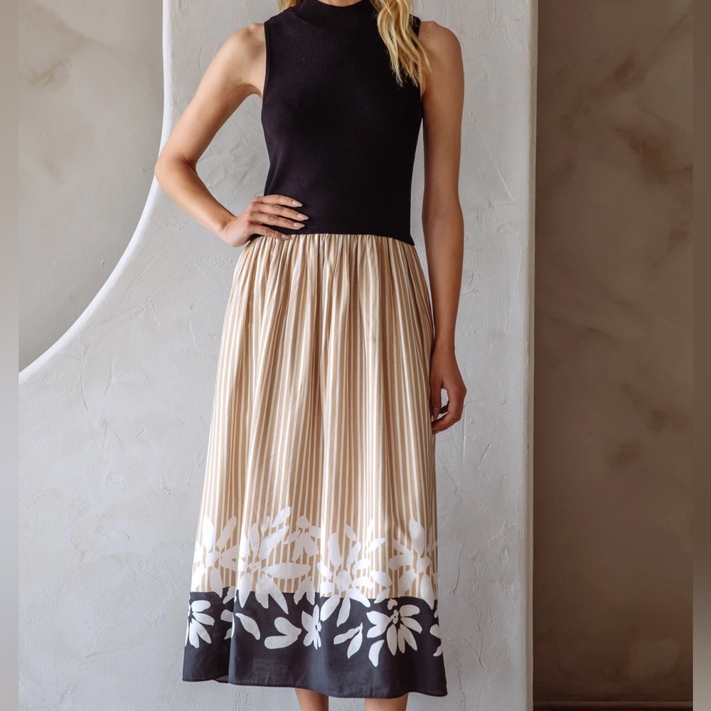 Pleated Black Sleeveless Cream Stripped Floral Print Dress